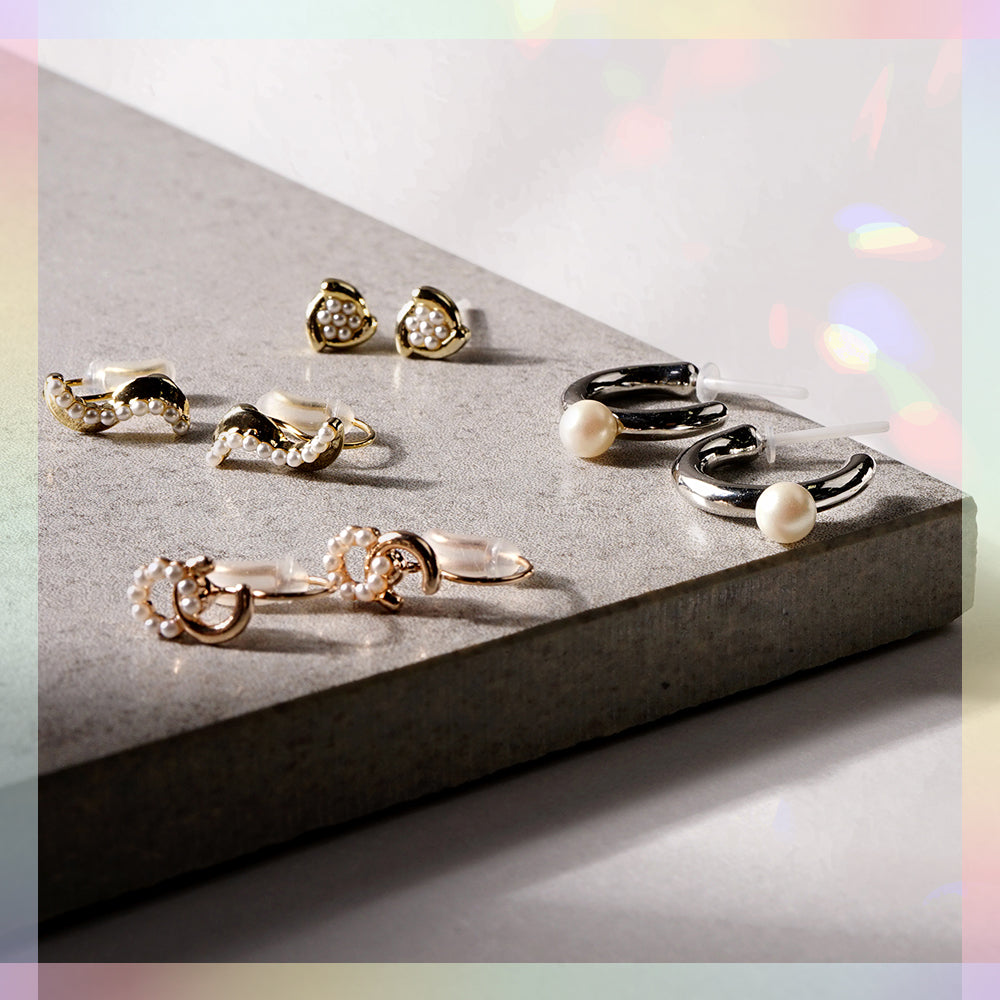 メタル×プチパール リング ノンホールピアス