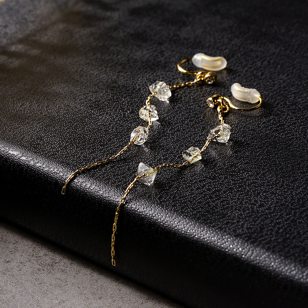 ハーキマークォーツ 3連 チェーン ノンホールピアス