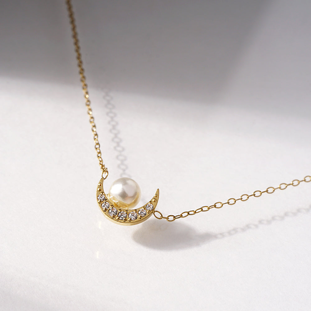 【NEW】ステンレス クレセントムーン 合成シェルパール ネックレス