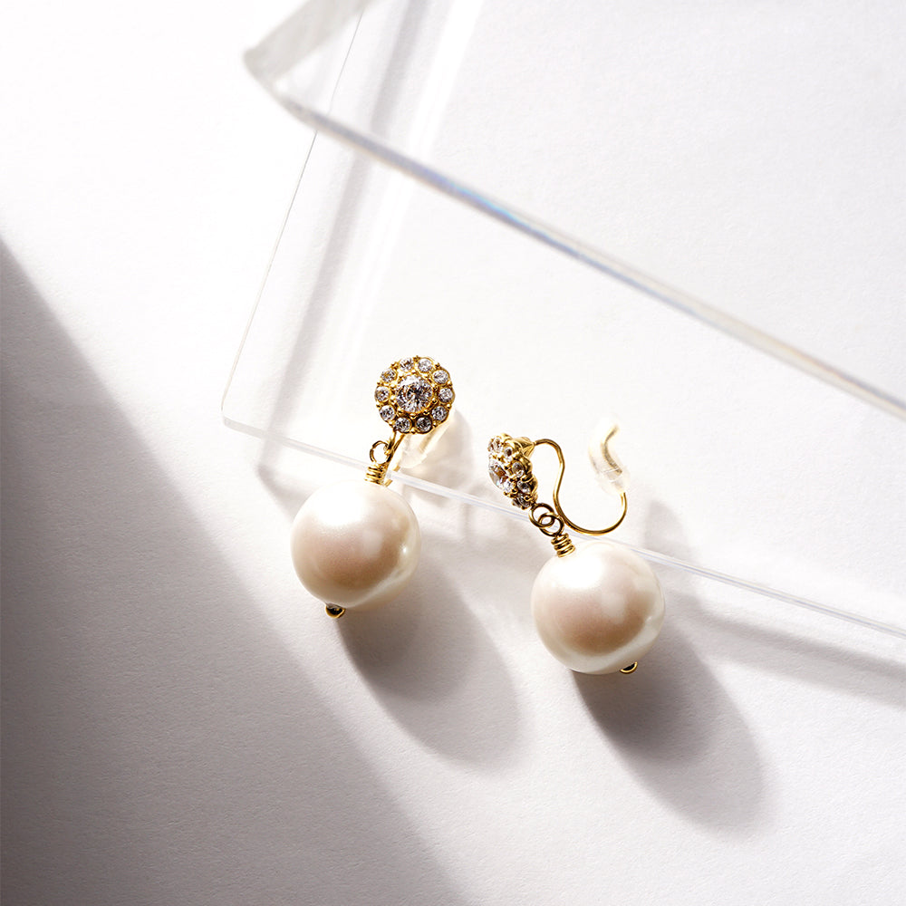 ステンレス パール ノンホールピアス イヤリング パヴェ シリコン 痛くない 華やか フォーマル 上品 金属アレルギー対応 itam