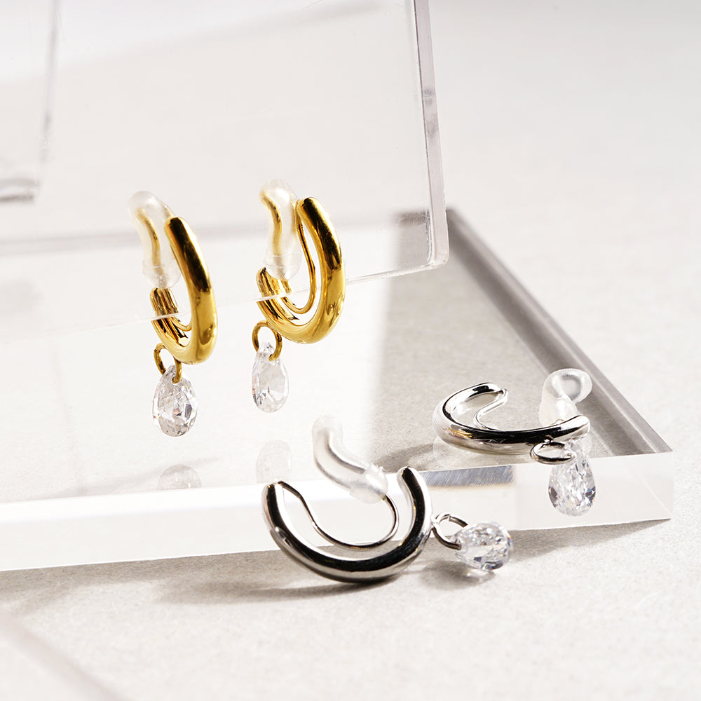 金属アレルギー対応 ステンレス キュービックジルコニア フープノンホールピアス 痛くない イヤリング 金属アレルギー対応