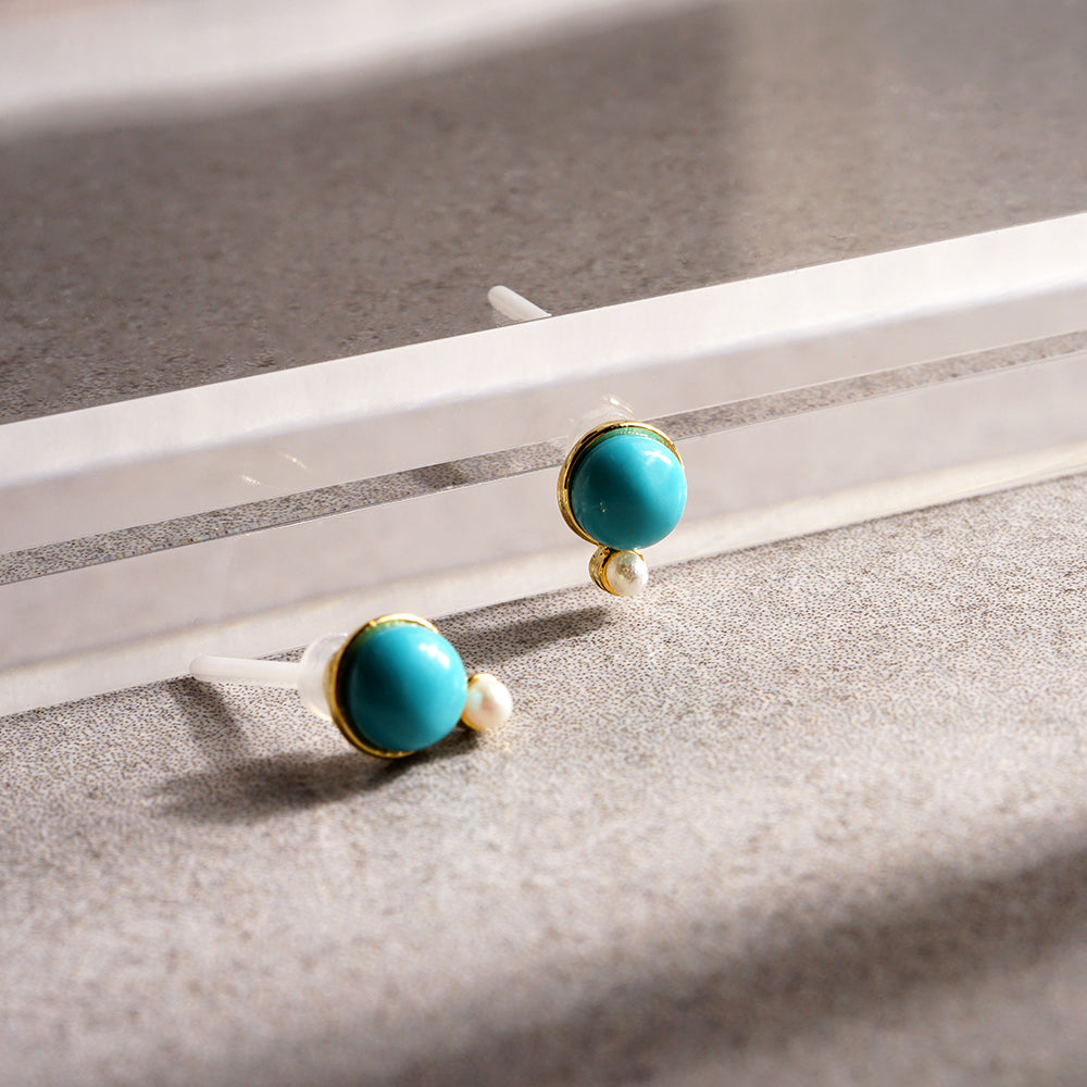 ターコイズ プチパール セラミックポストピアス パール シリコンキャッチ 小ぶり シンプル 金属アレルギー対応 日本製 itam