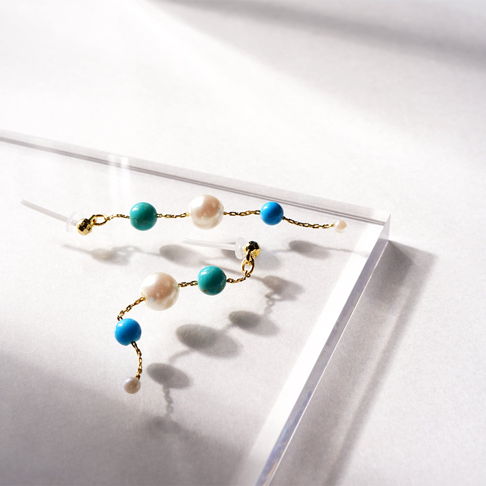 ターコイズ Iライン パール セラミックポストピアス ピアス かわいい 夏 揺れる 浴衣 シリコンキャッチ 金属アレルギー対応 日本製 itam