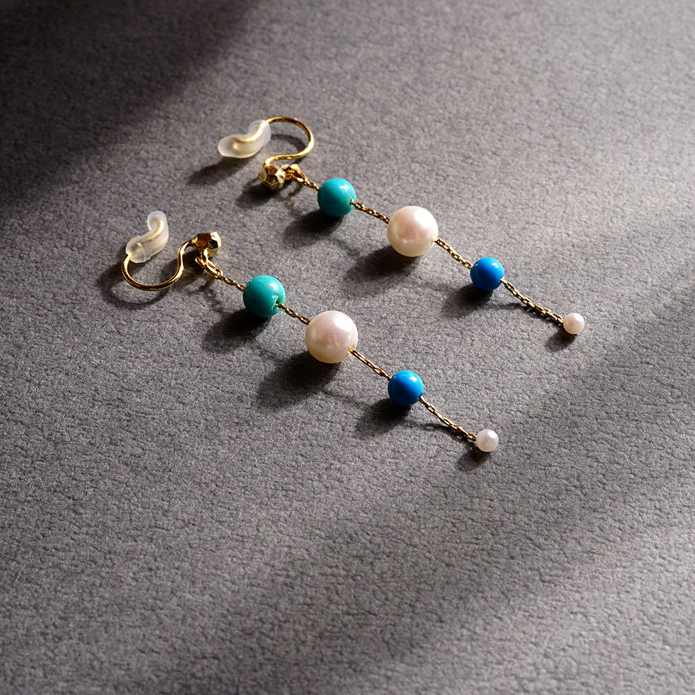 ターコイズ Iライン パール ノンホールピアス 痛くない イヤリング 金属アレルギー対応 日本製 itam 揺れる 浴衣