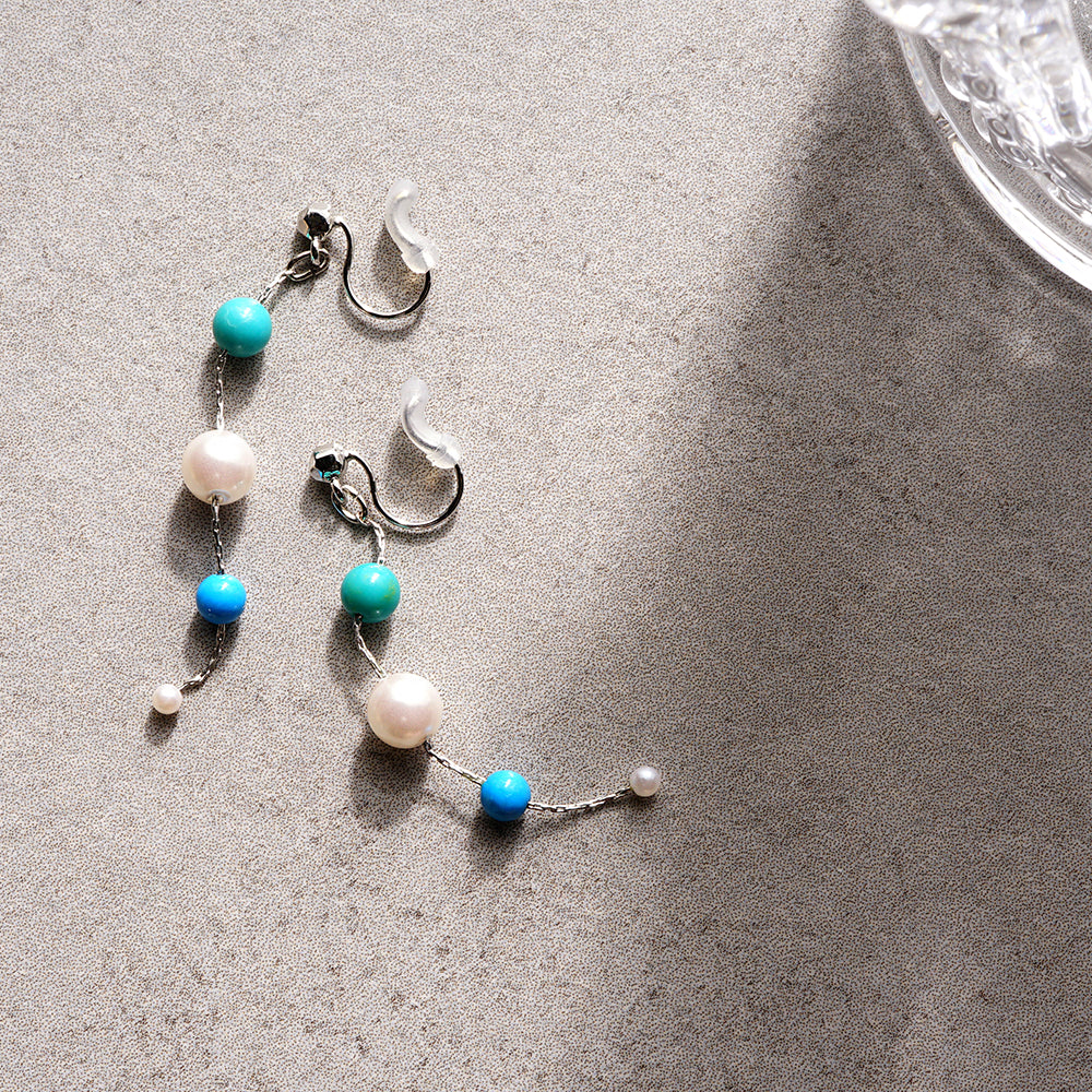 ターコイズ Iライン パール ノンホールピアス 痛くない イヤリング 金属アレルギー対応 日本製 itam 揺れる 浴衣