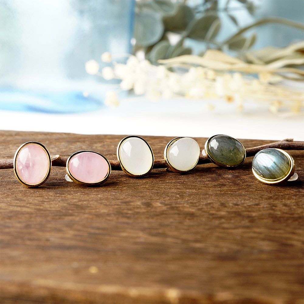 Natural stone オーバルカボション ブラス ノンホールピアス 痛くない イヤリング 金属アレルギー