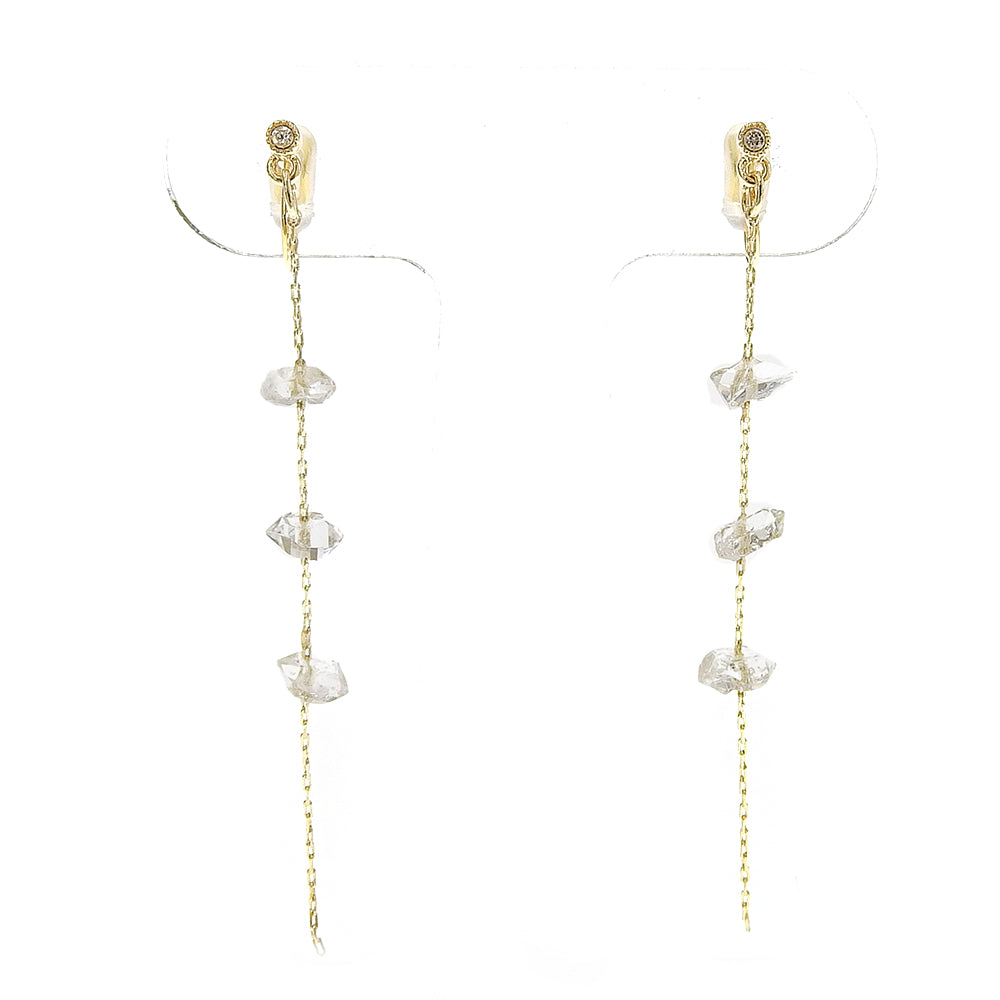 ハーキマークォーツ 3連 チェーン ノンホールピアス