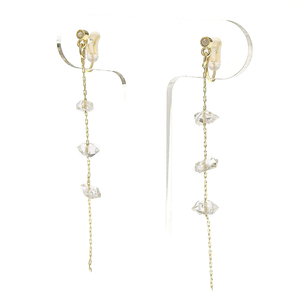 ハーキマークォーツ 3連 チェーン ノンホールピアス