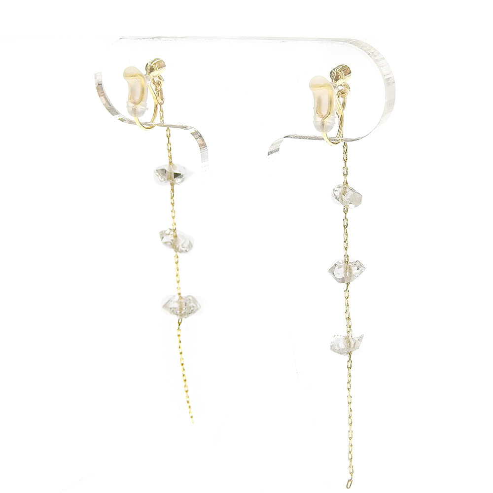 ハーキマークォーツ 3連 チェーン ノンホールピアス