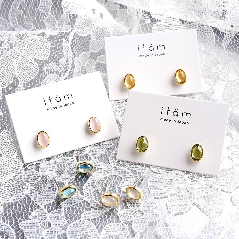 Natural stone オーバル ブラスピアス【選べる誕生石】