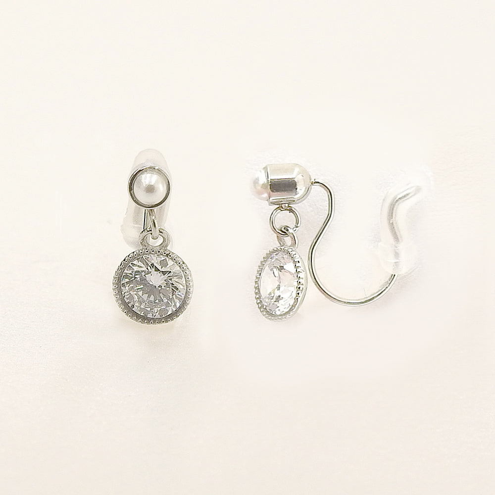 ステンレス キュービックジルコニア パール ノンホールピアス イヤリング シリコン 痛くない 上品 小ぶり 金属アレルギー対応 itam