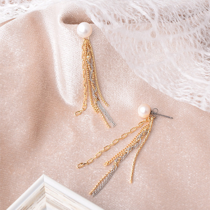 一粒淡水パール ロングチェーン ピアス