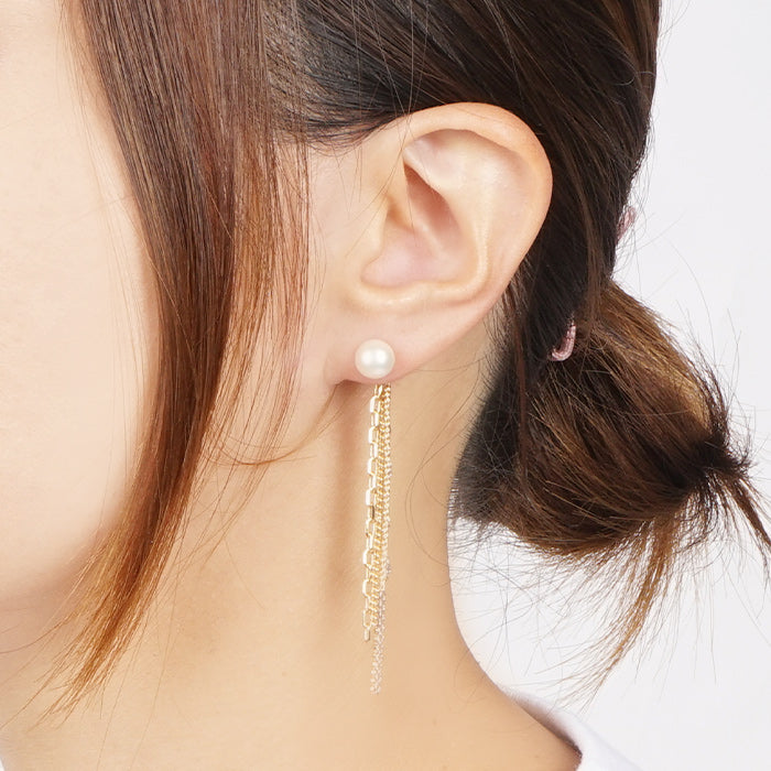 一粒淡水パール ロングチェーン ピアス