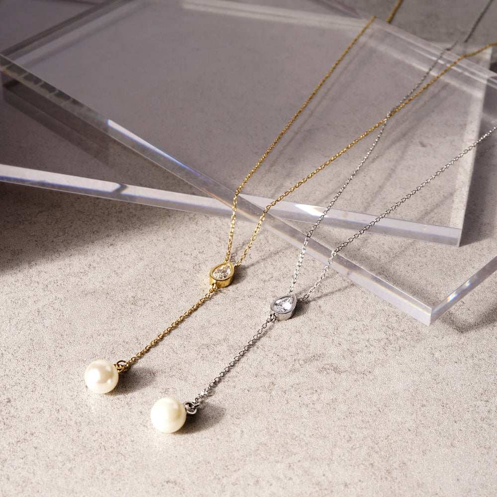 【NEW】【 金属アレルギー対応 】ステンレス ティアドロップ&シェルパール Y字ネックレス