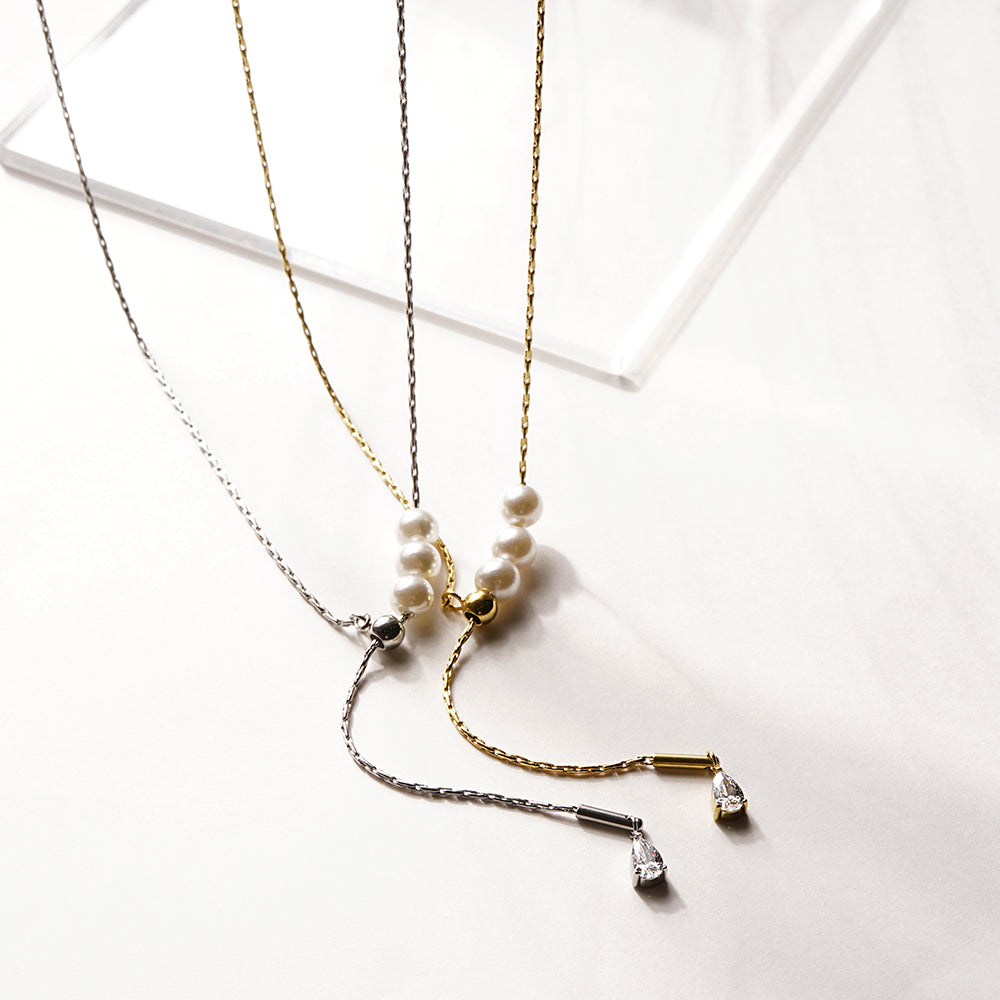 【NEW】【 金属アレルギー対応 】ステンレス ティアドロップ&3粒シェルパール Y字ネックレス