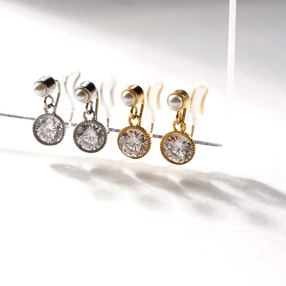 ステンレス キュービックジルコニア パール ノンホールピアス イヤリング シリコン 痛くない 上品 小ぶり 金属アレルギー対応 itam