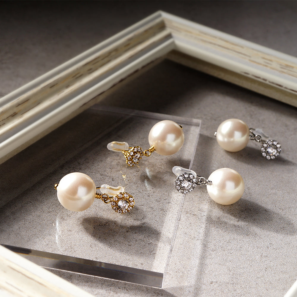 ステンレス パール ノンホールピアス イヤリング パヴェ シリコン 痛くない 華やか フォーマル 上品 金属アレルギー対応 itam